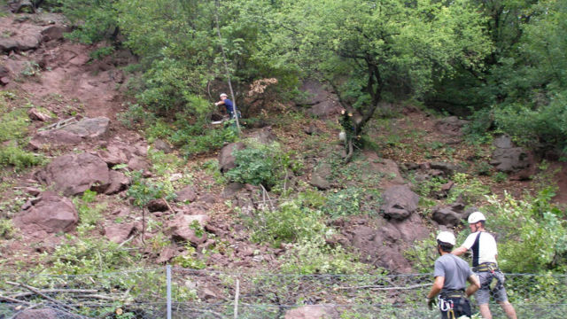 Messa in sicurezza di pareti rocciose e pendii dopo caduta massi: taglio piante. SP 73, Renon (BZ), 2014. Messa in sicurezza di pareti rocciose e pendii dopo caduta massi: taglio piante. SP 73, Renon (BZ), 2014.